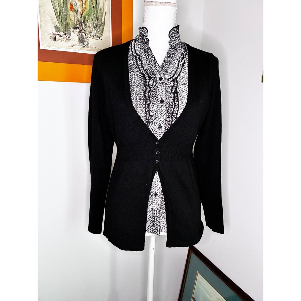 Black Ruffle Cardigan Sweater Womens Small Button Front Long Sleeve Y2K